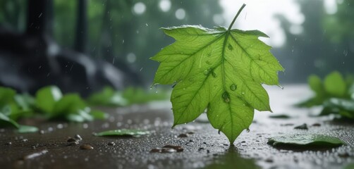 Green leaf-shaped raindrops falling from a cloudy sky, gently landing on the ground below, natural elements, droplets of life
