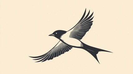 Obraz premium Black and white illustration of a bird in flight against a neutral background showing graceful wing movement. Generative AI