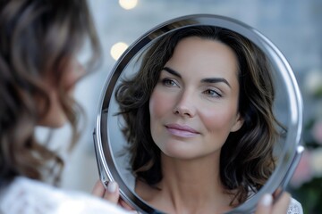 A woman over 40 gazes into a mirror, radiating confidence and satisfaction after her Botox treatment. This moment captures the empowering effect of cosmetic procedures on self-image