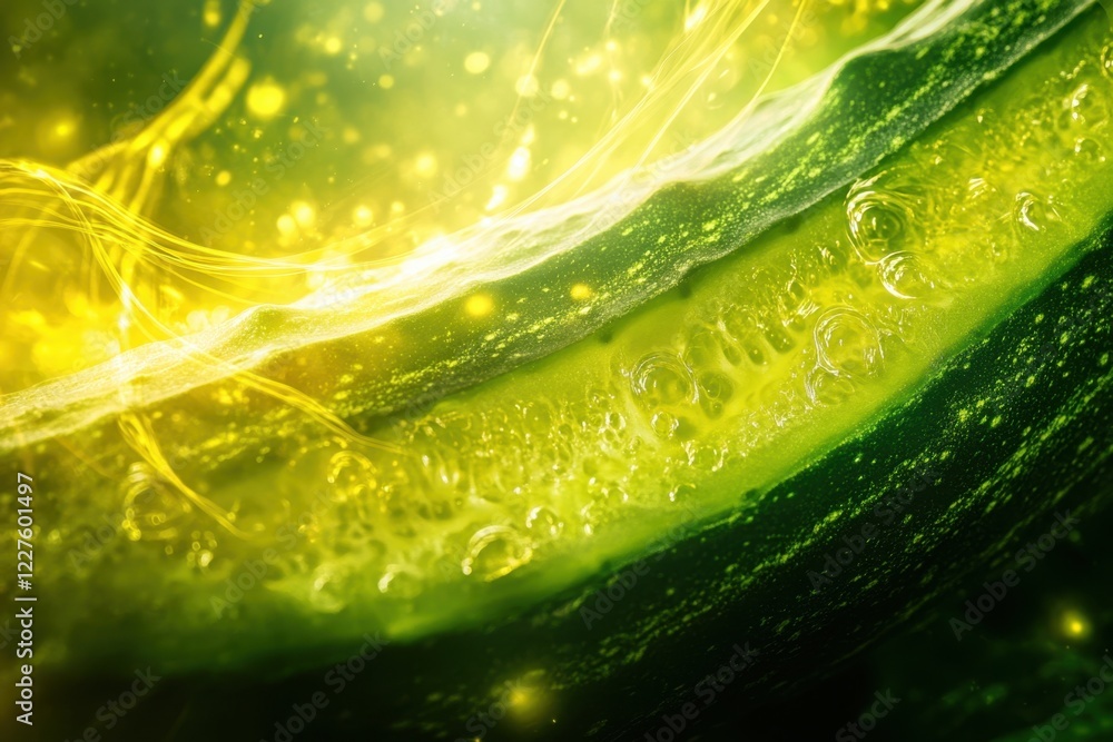 Poster close-up view of a fresh cucumber slice showing texture and bright colors with bubbles
