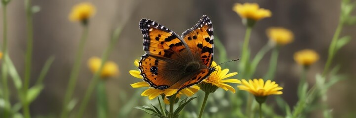Obraz premium Small Tortoiseshell butterfly in flight over a flower with yellow and black stripes, nature, macro photography, black