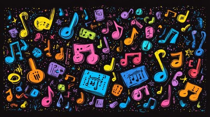 Colorful Music Background, Dynamic Pattern with Notes, Instruments and Entertainment Symbols