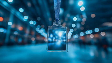Event Lanyard Close-up: A close-up shot of an event lanyard hanging from a blurred background of a bustling convention hall, showcasing the vibrant energy and anticipation of a large gathering.  