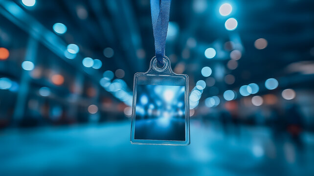 Event Lanyard Close-up: A close-up shot of an event lanyard hanging from a blurred background of a bustling convention hall, showcasing the vibrant energy and anticipation of a large gathering.  