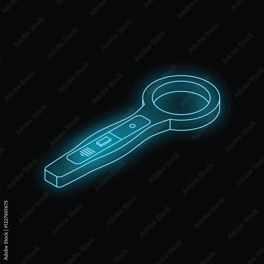 Poster metal detector with neon light emitting from within on a black background, creating a futuristic and
