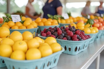 Fototapeta premium A farmer's market offers local produce and a sustainable experience. Fresh fruits displayed in baskets at a market stall.