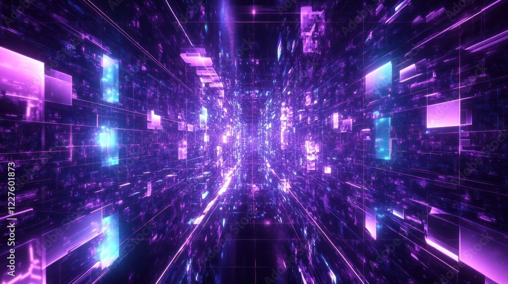 Poster a mesmerizing futuristic grid design featuring glowing purple and blue elements creating a sense of 
