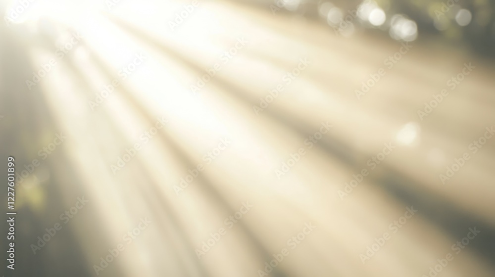 Poster a soft, blurred image depicting sunlight filtering through trees, creating a serene atmosphere.