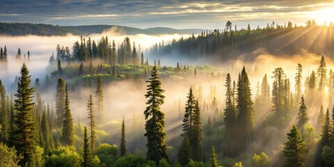 Fototapeta premium Towering trees stand out against the misty backdrop of Pukaskwa National Park's vast wilderness, with the sunlight filtering through the canopy above, greenery, Canada