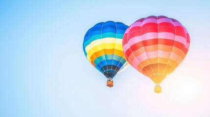 Fototapeta premium Colorful hot air balloons flying in bright blue sky above landscape