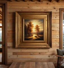 Gold framed picture hanging on a wooden wall in a rustic cabin, picture frame, earthy feel