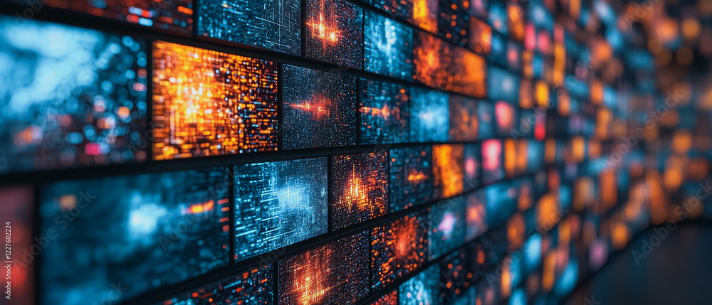 Poster digital data stream: a mesmerizing wall of vibrant, diverse screens displays a dynamic flow of digit
