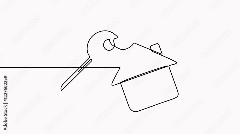 Poster key with house continuous one line art drawing animation. private security symbol animated video. re