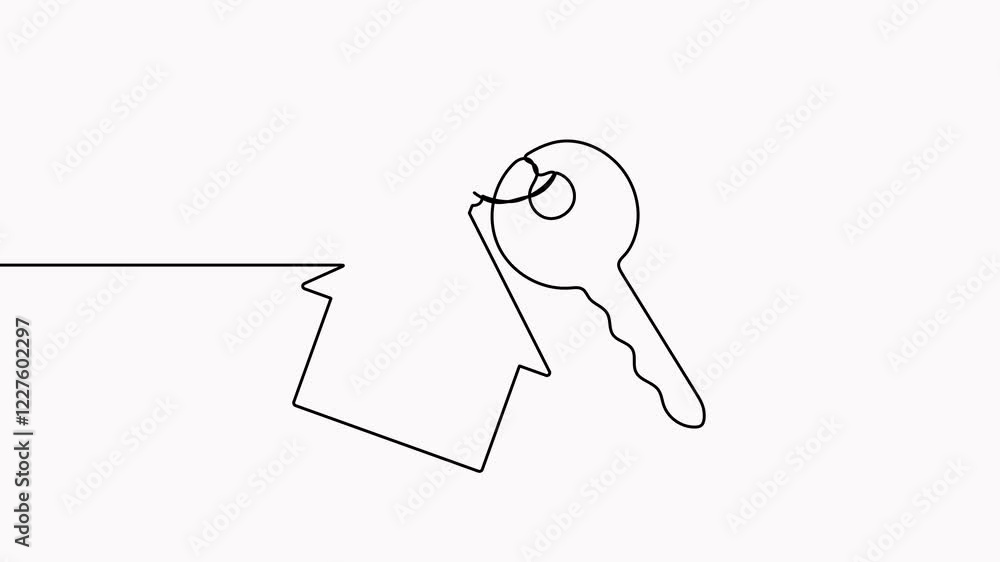 Poster key with house continuous one line art drawing animation. private security symbol animated video. re