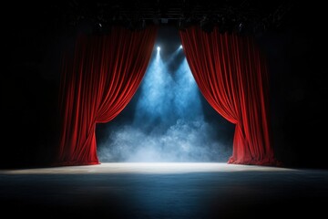 A captivating stage set with dramatic red curtains and a focused spotlight creates an atmosphere of anticipation and excitement in preparation for an unforgettable performance.