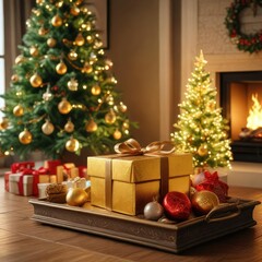 Golden gift box placed on a decorative tray beside a lit fireplace with a beautifully decorated Christmas tree nearby, elegant , golden gift box