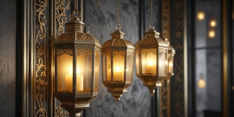 Golden festive lanterns hang from a ornate silver metal frame , holiday, festive