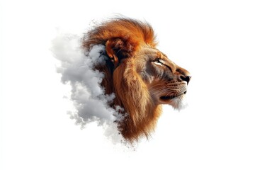 Naklejka premium An artistic representation of a lion's profile, harmoniously blending with clouds, symbolizing strength, wisdom, and serenity through an ethereal visual that captivates viewers.