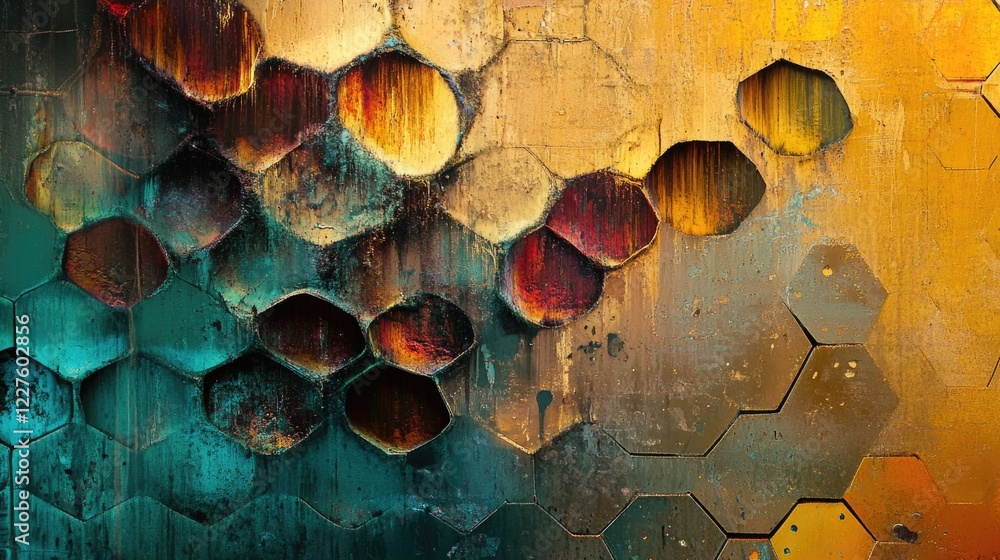 Poster honeycomb abstract art combining photography with vibrant textures and geometric patterns in earthy 