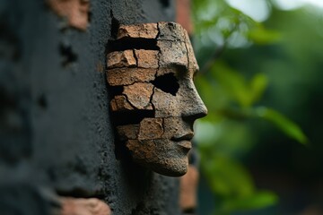 A striking sculpture of a fragmented human face integrates into the wall, exploring themes of...