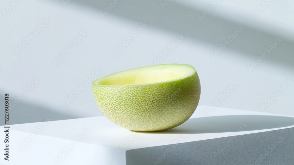 Poster sliced honeydew melon on minimalist white surface with soft shadows