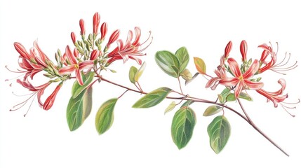 Honeysuckle plant with vibrant red flowers and green leaves isolated on white background showcasing its natural beauty and details.