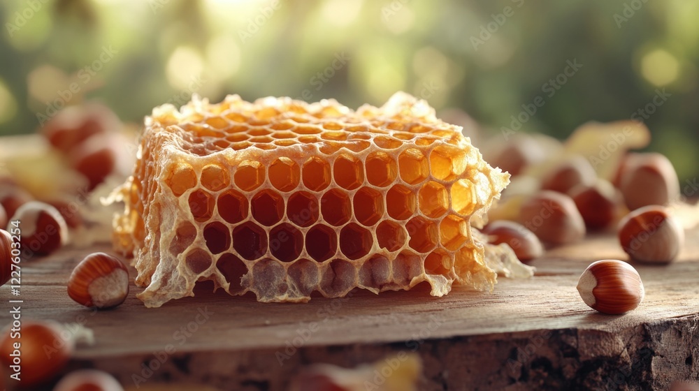 Poster honeycomb with hazelnuts on rustic wooden table surrounded by nature elements and soft natural light