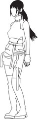 Illustration of a minimalistic outlined anime character wearing a unique and fashionable modern outfit with detailed accessories and boots.Perfect for design,concept art,character inspiration purposes