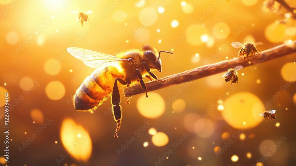Poster honey on a stick with bees in an enchanting bokeh background creating a warm and vibrant atmosphere 