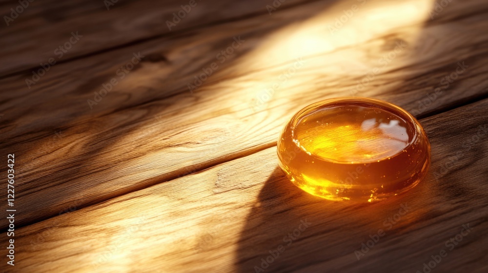 Poster golden honey placed on a rustic wooden surface with soft light and shadows highlighting its texture