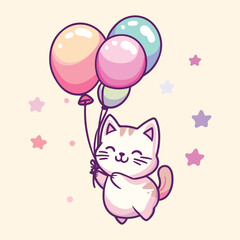 There is a cat holding a bunch of balloons in its paws vector illustration 