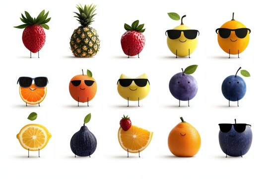 A playful array of fruits personified with sunglasses and smiles, bringing joy and vibrancy to any setting, suggesting a light-hearted and cheerful lifestyle.