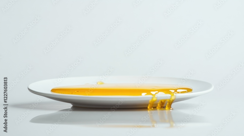 Poster honey dripping while reflected on an empty white plate with smooth surface