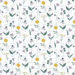Vintage floral seamless pattern. Damask ornament with ribbon bows and flowers. Retro print with beautiful plants for fabric, wallpaper, wrapping paper. Elegant hand drawn vector illustration.
