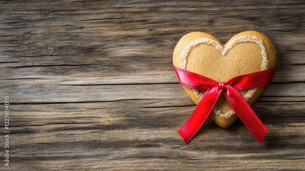 Poster honey gingerbread heart cookie decorated with red ribbon on rustic wooden background with space for 