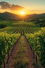 Naklejka premium Sunset over Vineyard Rows in Tuscany