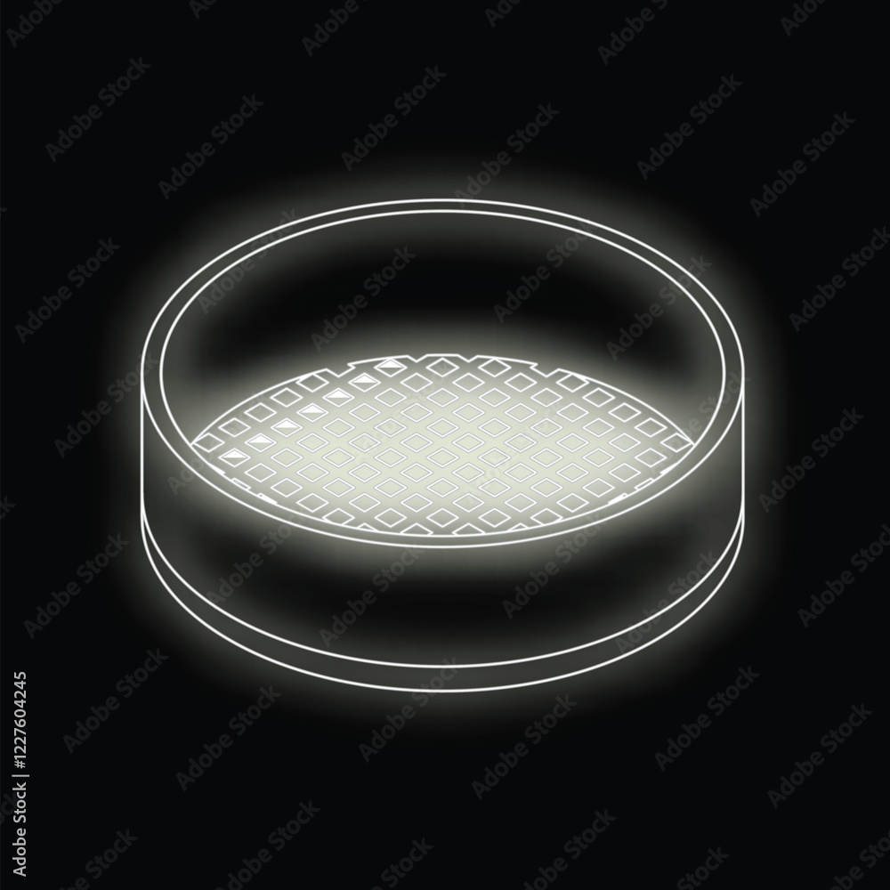 Poster glowing outline of a round metal sieve featuring a square mesh pattern, set against a dark backgroun