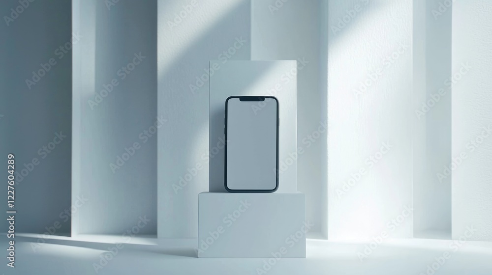 Poster modern smartphone mockup on a minimalist white pedestal in a bright office setting with empty space 