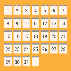 Set of calendar pages covering a full 31 day month. Vector icons isolated on an orange background