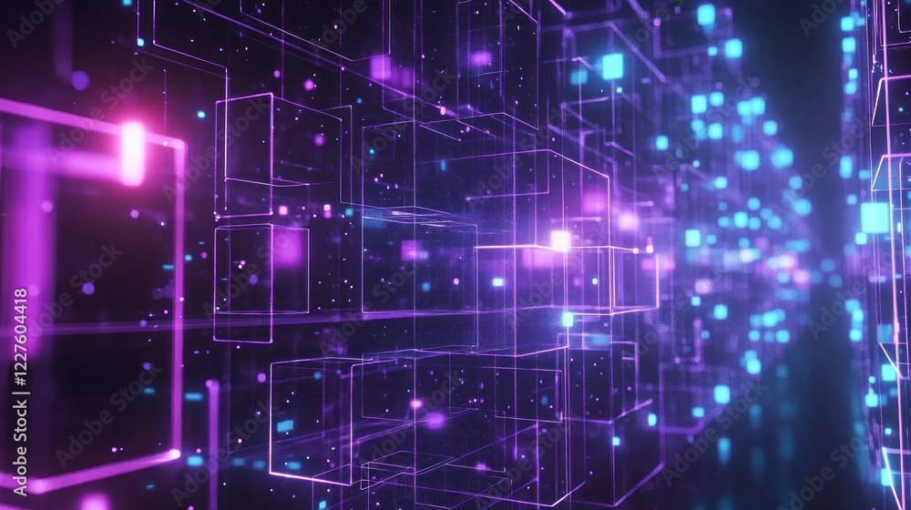 Poster a mesmerizing futuristic grid design with glowing purple and blue lines creating a 3d effect