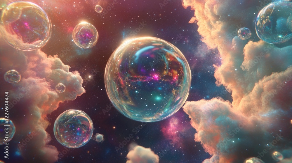 Aufkleber floating colorful bubbles in cosmic space surrounded by ethereal clouds and starry background