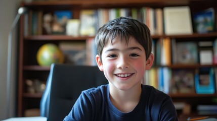 Homeschooling a Young Boy Engaged in Online Learning at Home with a Bright Smile and Study Environment