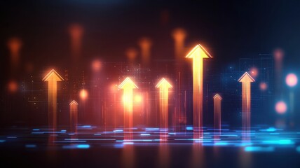 A vibrant digital illustration of glowing arrows pointing upwards, symbolizing growth, progress, and positive trends against a dark background.