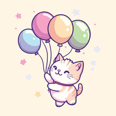There is a cat holding a bunch of balloons in its paws vector illustration 