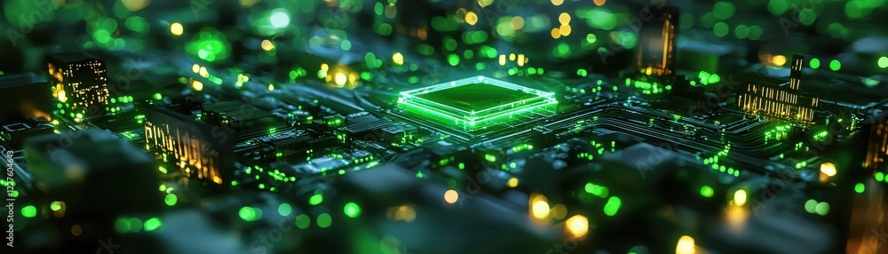 Aufkleber a vibrant, close-up view of a green-lit microchip surrounded by circuit patterns, showcasing technol