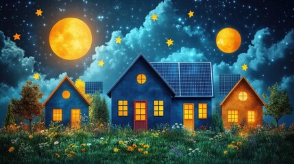 Fototapeta premium Colorful night scene of three houses with solar panels under a starry sky and glowing moons