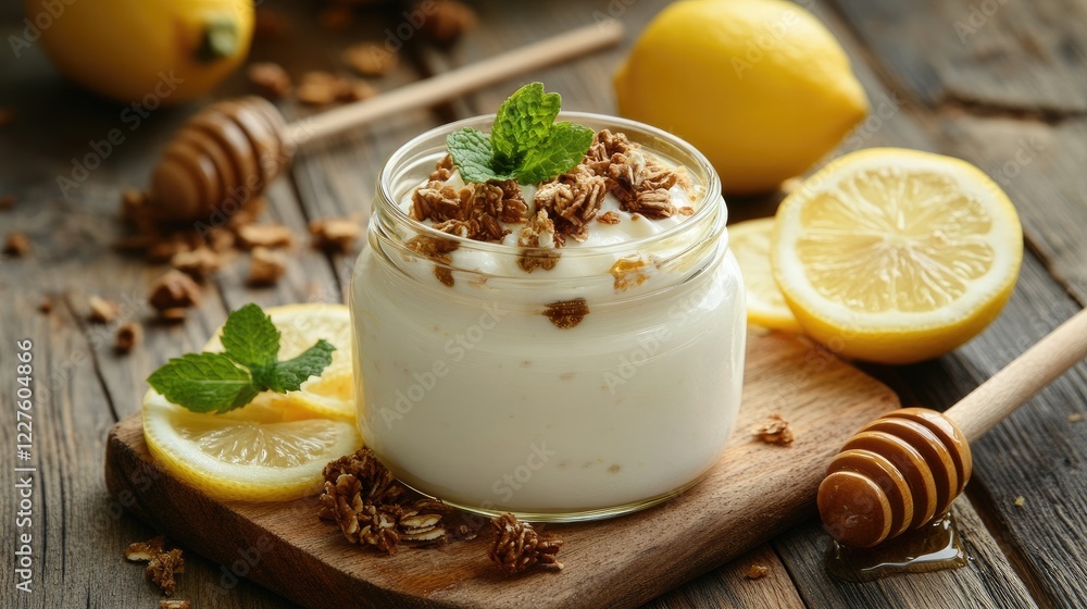 Poster homemade yogurt with honey garnished with lemon slices and mint on rustic wooden surface with lemon 
