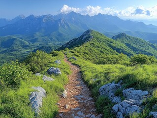 Fototapeta premium Mountain Trail with Stunning Views, rocky path leading towards a mountain ridge