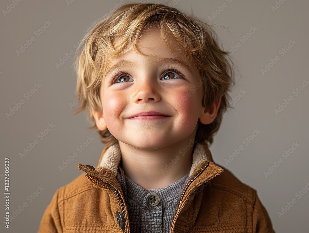 Poster joyful boy s high key portrait with soft glowing light and barely there gray backdrop