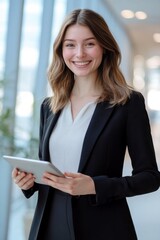 smiling young businesswoman holding a tablet in a bright modern office, professional corporate smart ambitious business female 